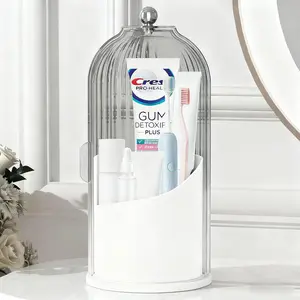 Toothbrush Holder Organizers with Transparent Door Lid, 360 Rotating Dustproof Makeup for Vanity, Bathroom, 3 Slots Transparent Spinning Make up Container Brush Holder(1 count), Valentines gift, unique gift for gf