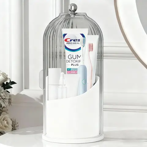 ABS Plastic Table Mount Dustproof Toothbrush Holder Organizer - 360-Degrees Rotating Base, 3-Slot Multiple Sections, 4.8 Inches Wide, Transparent Sliding Door Lid, Easy to Put Together & Washable, Modern Vanity Makeup Container (1 Count)