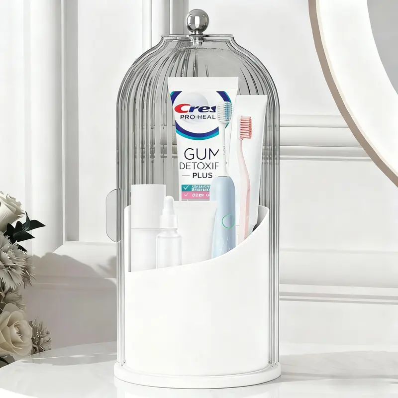 ABS Plastic Table Mount Dustproof Toothbrush Holder Organizer - 360-Degrees Rotating Base, 3-Slot Multiple Sections, 4.8 Inches Wide, Transparent Sliding Door Lid, Easy to Put Together & Washable, Modern Vanity Makeup Container (1 Count)