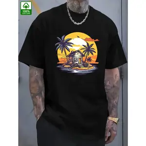 Men's Tropical Palm Tree Sunset Graphic T-Shirt - Soft Breathable Pure Cotton Tee for Casual & Beach Outfits - Black Shirt with Orange/Yellow Tropical Design - Everyday Summer Essential, Outdoor Wear, Short Sleeve Shirt