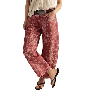 CHOUYATOU Women's Printed Wide-Leg Jeans Y2k Loose Mid-Rise Jeans in Soft Pink with Boho Floral Pattern Casual Denim Trousers