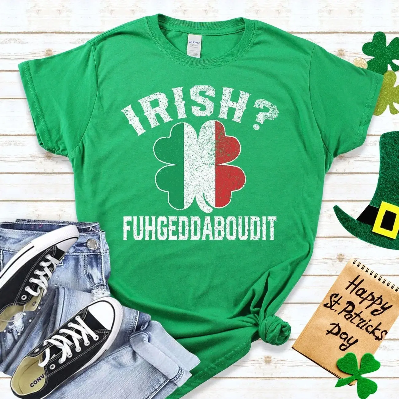 Funny Green Italian St Patrick's Day Shirt, Irish Fuhgeddaboudit T-shirt, Italy Flag Clover Tshirt, Unisex Heavy Cotton Tee