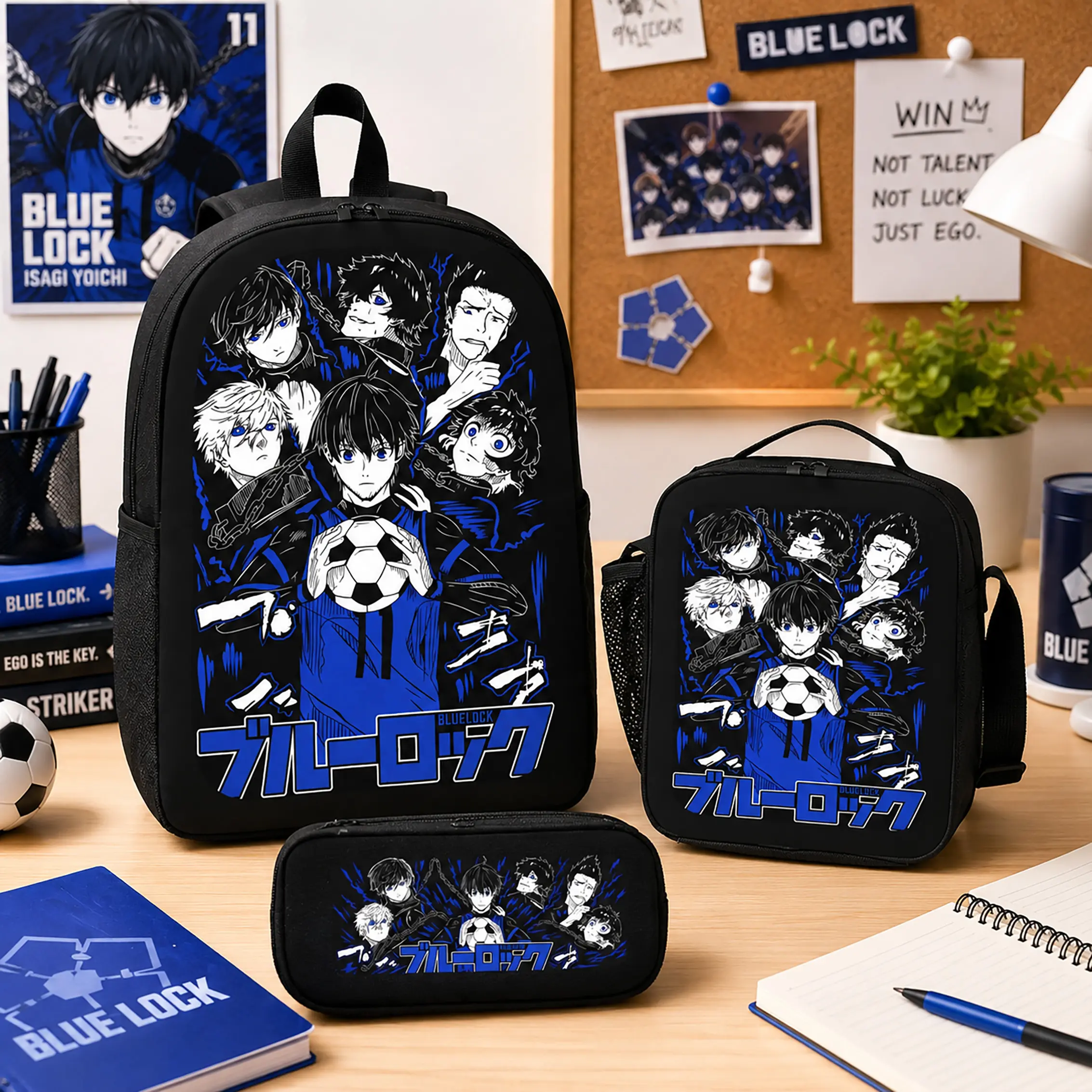 3 Piece Set Blue Lock Backpack Polyester Backpack Lunch Bag Pencil Case Anime Cartoon Bookbag Travel Bag Set Back To School Daily Carry Gift For Kids Teens Students Boys Girls Fans