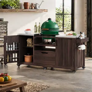 ARCH K&K 66.5" Long Sturdy Solid Fir Indoor Outdoor Kitchen Island, Adjustable Stainless Steel Top Grill Cart with Drawer, Rack, Compatible with Large Big Green Egg, Kamado Joe Tabletop Grills - Dark Brown