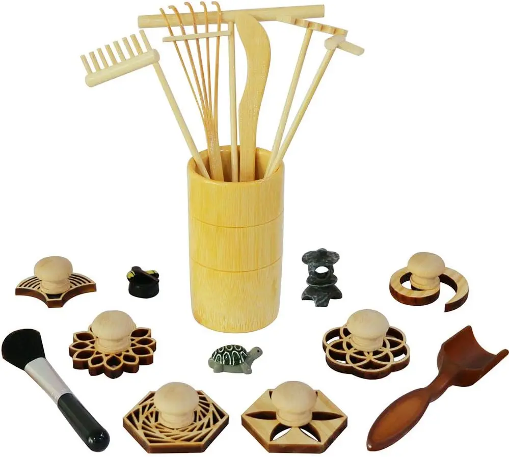 18-Pcs Mini Japanese Zen Theme Garden Tool Set - Bamboo Rake, Stamp, Holder, Brusher, Spoon, Rock, Flower, Figurine for Creating Sand Art & Vortex - Office Desktop Meditation Home Decor Accessory, Gift Idea for Adults