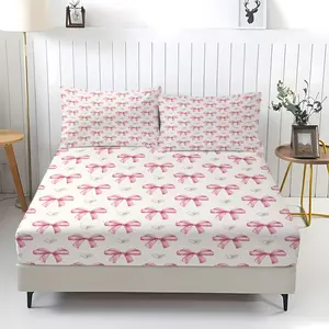 Butterfly knot heart-shaped printed bed sheet, including 1 bed sheet and 2 pillowcases, comfortable and fashionable Instagram style home bedroom decoration, anti slip and dustproof cover suitable for adults and girls