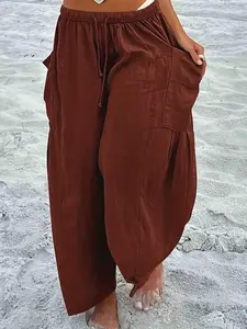 Women's Plain Plicated Drawstring Waist Harem Pants, Bohemian Street Trousers, Casual Elastic Waist Pocket Trousers for Daily Wear, Ladies Bottoms for All Seasons