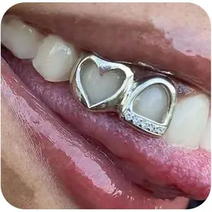 Teeth Grills for Women Grillz Teeth Men Tooth Gems Cap Hollow Heart Mouth Grills Tooth Jewelry for Hip Hop Single Grillz with Molding Bar Rapper Outfits Costume Accessory Halloween Party