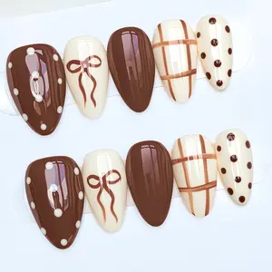 EclatNails 10Pcs Handmade Press On Nails, Coffee Brown & Cream White Nails with Polka Dot, Bow & Plaid Design, Retro Sweet Almond False Nails, Reusable Removable Nail Tips for Women & Girls, All Seasons Daily & Party Wear Fake Nails