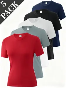 5 Pack Plus Size Women's Breathable Moisture-Wicking Base Layer Tops - Loose-Fit Round Neck Short-Sleeve Solid Color Casual Layering Shirts for Curvy Women, All-Season Wear