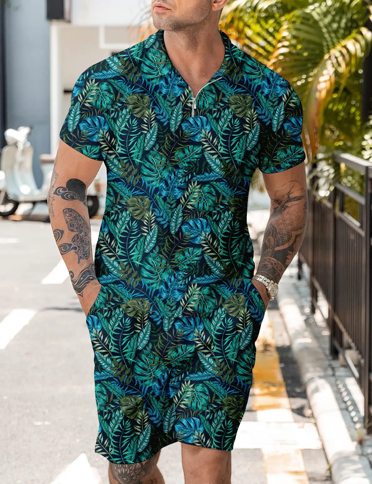 Men’s Tropical Plant Print 2 Piece Outfit, Hot Selling Short Sleeve Zip Polo Shirt And Shorts Set, Soft Polyester Fabric For Summer Vacation S‑3XL