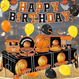 139Pcs Basketball Party Decorations, Basketball Party Supplies-Serves 24 with Plates Napkins Cups Tablecloth Birthday Banner for Basketball Birthday Party Decorations