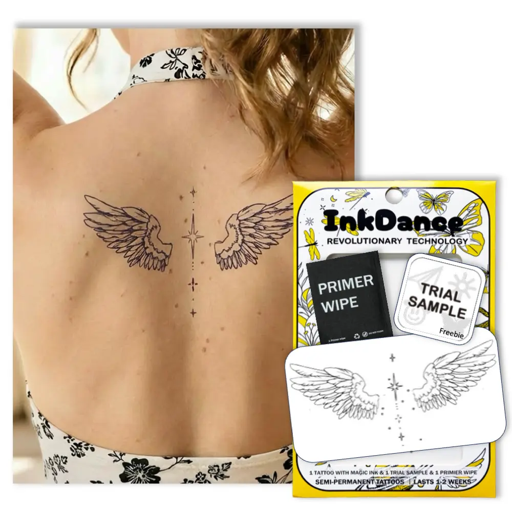 InkDance Semi-Permanent Tattoo, Minimalist Angel Wings, Long Lasting Temporary Tattoos for Women & teens, Waterproof Plant-Based Ink, Lasts 1-2 Weeks, Color Develops in 24 Hours D329