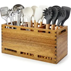 Acacia  Utensil Holder for Kitchen Counter Decor Rustic Wooden Spatula Holders Cooking Utensils Organizer Countertop Silverware  Spoon Kitchen Tool Holder Farmhouse Utensil Crock