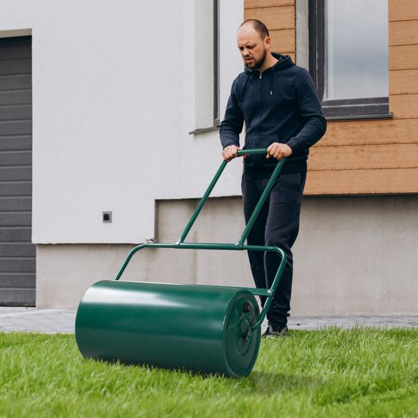 24" Steel Lawn Roller, 13 Gallon Water/Sand Fillable Yard Roller with U-Shaped Handle & Easy Drain Plug, Push & Pull Sod Roller for Grass Flattening Seed Packing, Green