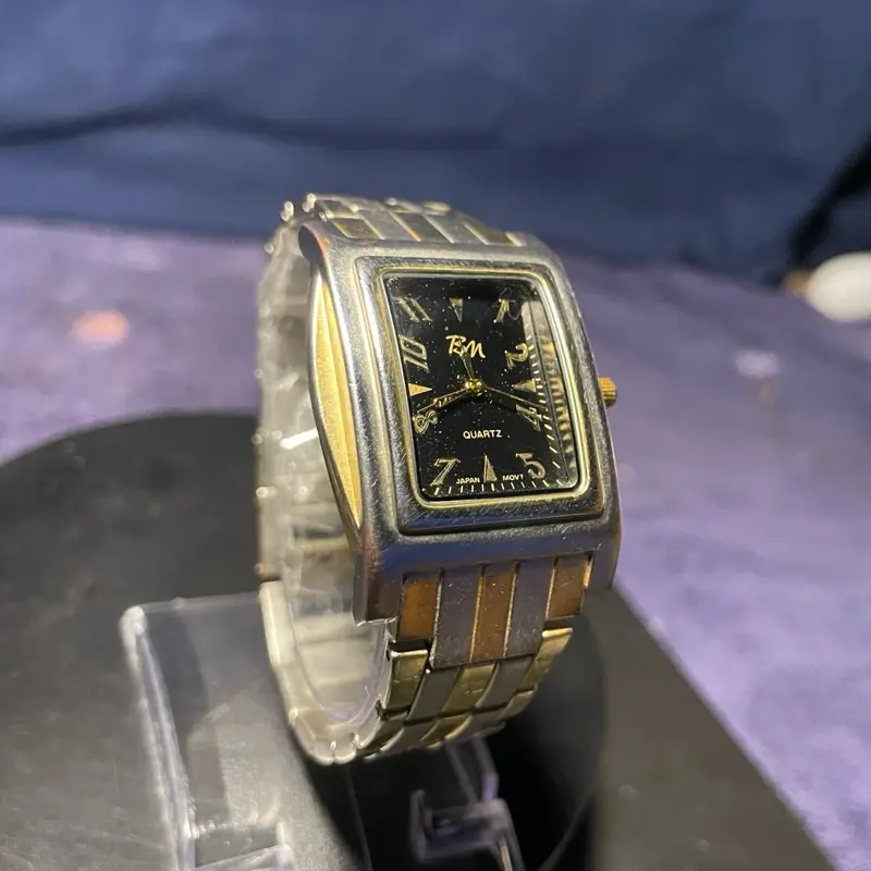 Men's Vintage EM Two Tone Silver Gold Rectangular Tank Watch