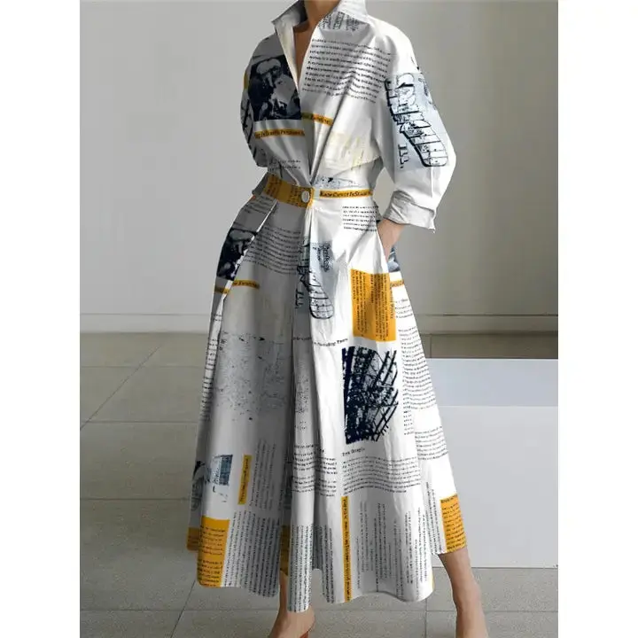 7.6.26 Dress Newspaper print/flare w gold highlight