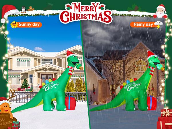 GOOSH 11.8 FT Christmas Inflatables Dinosaur Outdoor Decorations Blow Up Yard Giant Green Dinosaur and Red Gift Box with Built-in LEDs