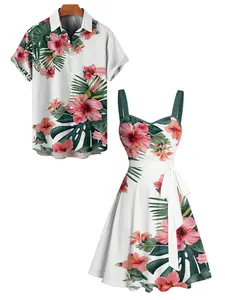 2025 Couple Set Women's Vacation Tropical Flower Print Belted Mini Dress And Men's Short Sleeve Shirt Matching Outfit