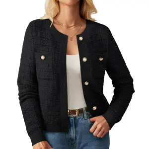 GRACE KARIN Womens Open Front Button Down Long Sleeve Texture Knit Cardigan Sweaters with Pockets