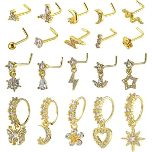 20 count 20G Dangle Nose Ring Nose  for Women Cubic Zirconia Noses Rings  Dangle Heart Shape Flower Leaf  Moon Butterfly Multi-Style Noses Ring  for Women Men