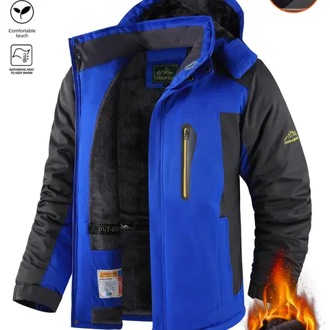 Men's Fitted Long Sleeve Hooded Thermal Lined Waterproof Windproof Fleece Outdoor Jacket - Reliable Polyester Outerwear with Embroidery, Warm Fleece Lining, Machine Washable for Skiing, Hiking