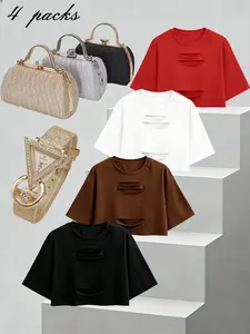 Youth Girls' 4-Piece Set Ripped Short T-Shirt, Round Neck Loose Fit, Ethnic Pattern, Casual Style, Breathable Design, Streetwear, Casual Tee Tops