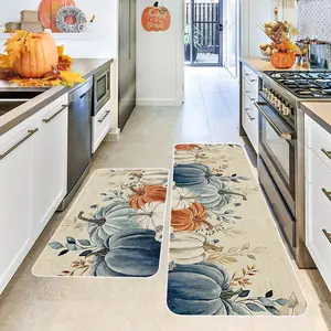 Farmhouse style kitchen carpet strip carpet, 2PC/3PCS, autumn pumpkin watercolor bird maple leaf floor mat, Thanksgiving holiday decoration, suitable for kitchen, laundry room, hallway, bathroom, entrance, bedside decoration, Boho Runner Rug