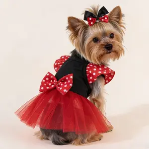 Cute Fashion Print Pet Dress with Bow, Plaid Pet Costume, Elastic Mesh Princess Dress, Puppy Cat, Complete Set Outfits