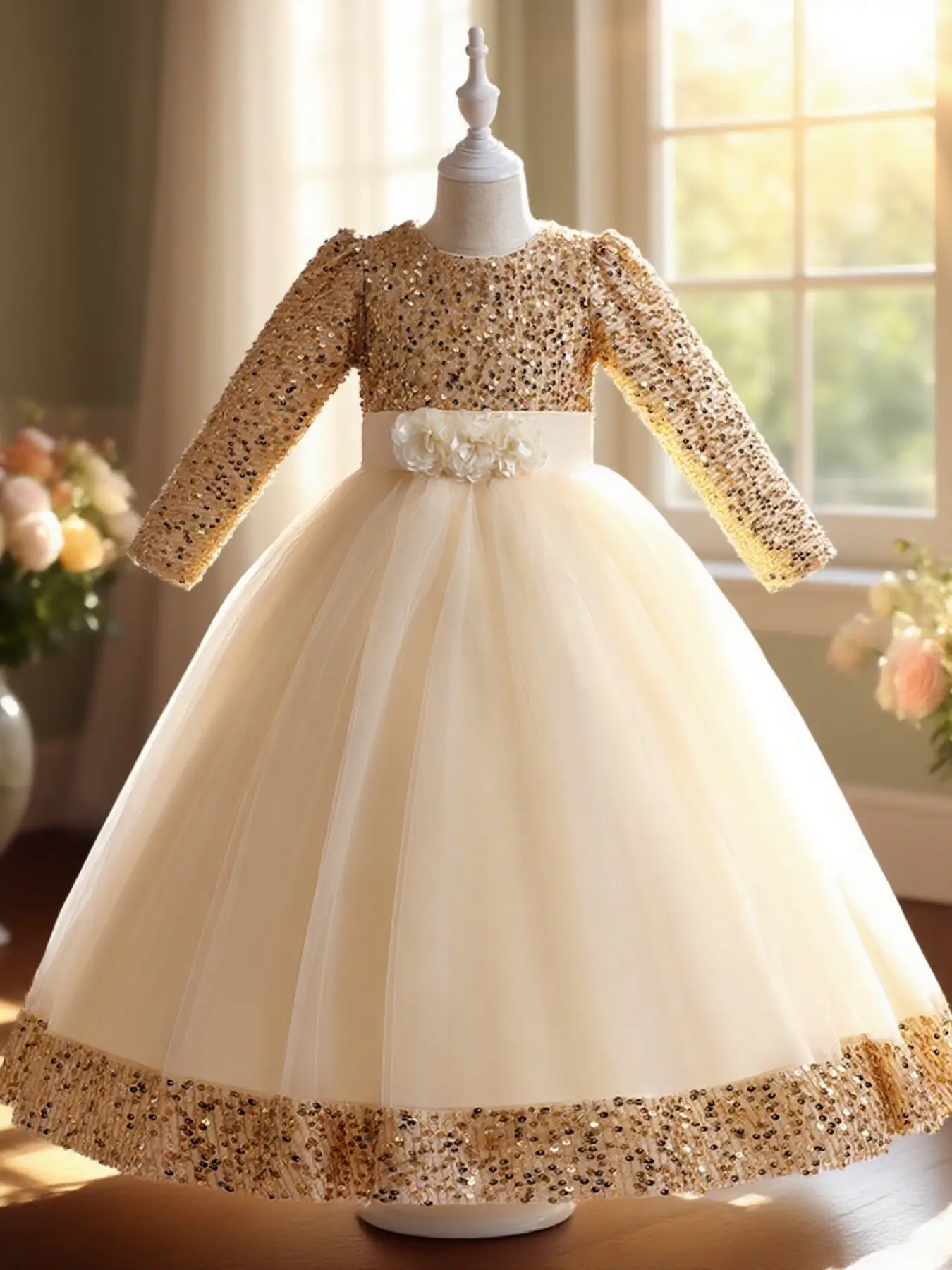 Girl's Appliques Contrast Sequin Bow Back Fit & Flare Dress, Fashion Elegant Long Sleeve Round Neck Dress for Party Wedding Guest, Kids Clothes for Al