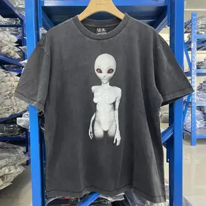 Washed SAINT Red Female Alien Portrait Print T Shirt Men Women High Quality Oversized Short Sleeve Cotton Loose Fit Tops Tee