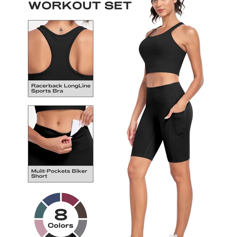 【Fast 3-Day Delivery】 New 2-Piece Workout Set - Racerback Longline Sports Bra High Impact + Tummy Control Biker Shorts with 1 Waist Hidden Pocket & 2 Side Pockets – Women’s Yoga Out Activewear for Gym Running Training