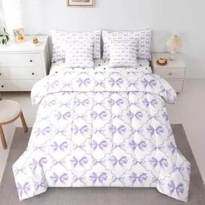 Purple Bow Bedding Set,7Pcs for Teen Girl - Cute Bow Comforter Set with Sheets Girly Coquette Bows Bed in A Bag with Flat Fitted Sheets Modern Aesthetic Teen Girl Room Decor