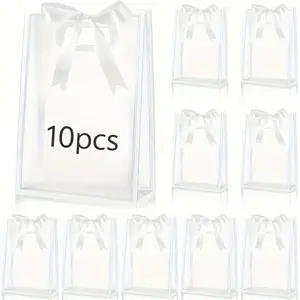 10 Pack Clear Plastic Gift Bags, 7x10x3.15 Inch with Die Cut Handle & Ribbon, Reusable White Black Transparent Bags for Wedding Birthday Holiday Party