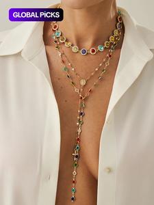 Women's Boho Style Alloy Chain Necklace Set, Colorful Crystal Pendant Necklace Jewelry for Women, Casual Daily Wear & Holiday Gift Ideas, Statement Necklace