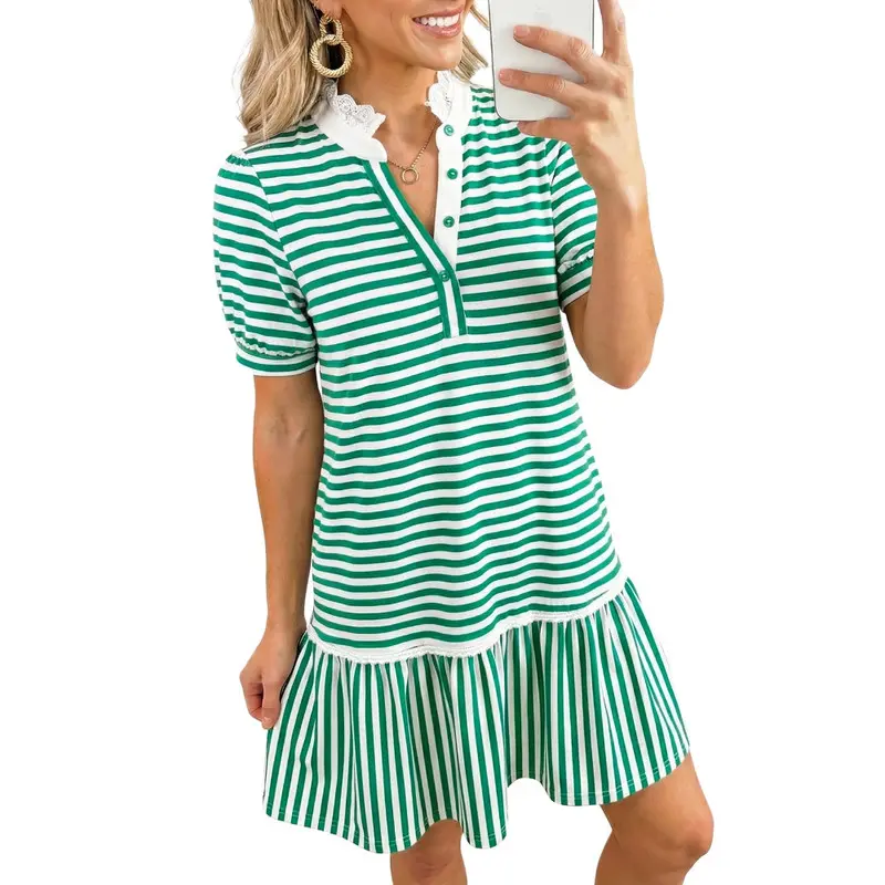 Dokotoo Women's Casual Stand Collar A Line Tiered Babydoll Short Sleeve Shirt Dress with Pockets