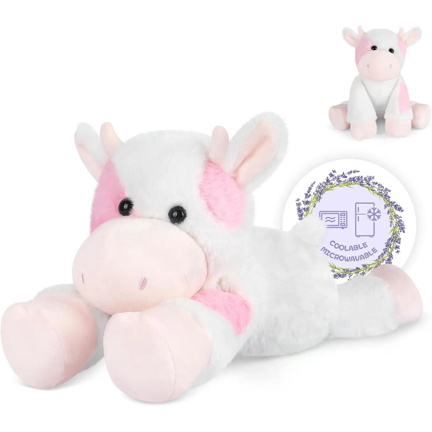 3C9-MPP08 Cow Shape Soft Plush Heating Pad - Lavender-Infused Aromatherapy, Microwaveable Flax, for Adults, Period Cramp Relief, Sleep Aid, Just Because Gifting