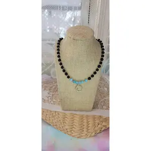 Beaded Green Goldstone & Blue Chalcedony Necklace with Silver Moon Charm