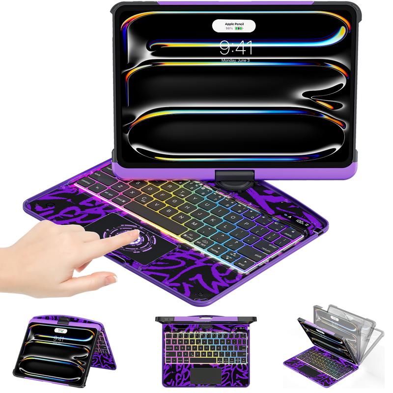 Y2K Dopamine Purple iPad Case With Keyboard- 360° Rotating Multi-Touch Trackpad, RGB Backlit Keyboard, Transparent Back, Pencil Holder, Type-C Charging