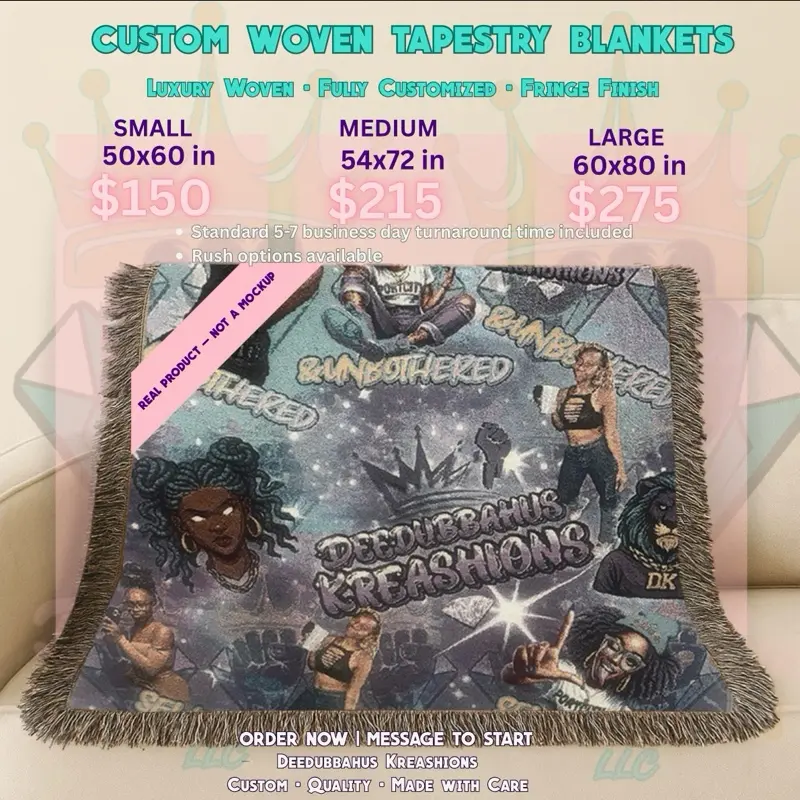 Deedubbanus Kreashions Custom Woven Tapestry Blanket - Small 50x60 in, Medium 54x72 in, Large 60x80 in - Fully Customized Fringe Finish