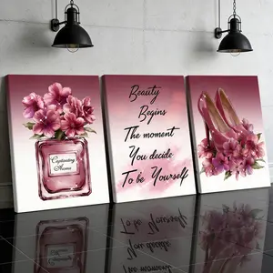 3 Counts Wooden Framed Canvas Painting, Elegant Pink Perfume And High Heels Images, Exquisite Poster, Quote Prints, Perfect Gift, Decor For Living Room, Bedthroom, Modern Art, Fashion Family Poster, Wall Art Decoration, Artwork, Modern Art Design