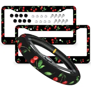 Cherry License Plate Frames & Little Red Cherries Steering Wheel Cover Aluminum License Plate Covers Anti-Slip Breathable Steering Wheels Protector with Screws Fasteners Caps for Men Women