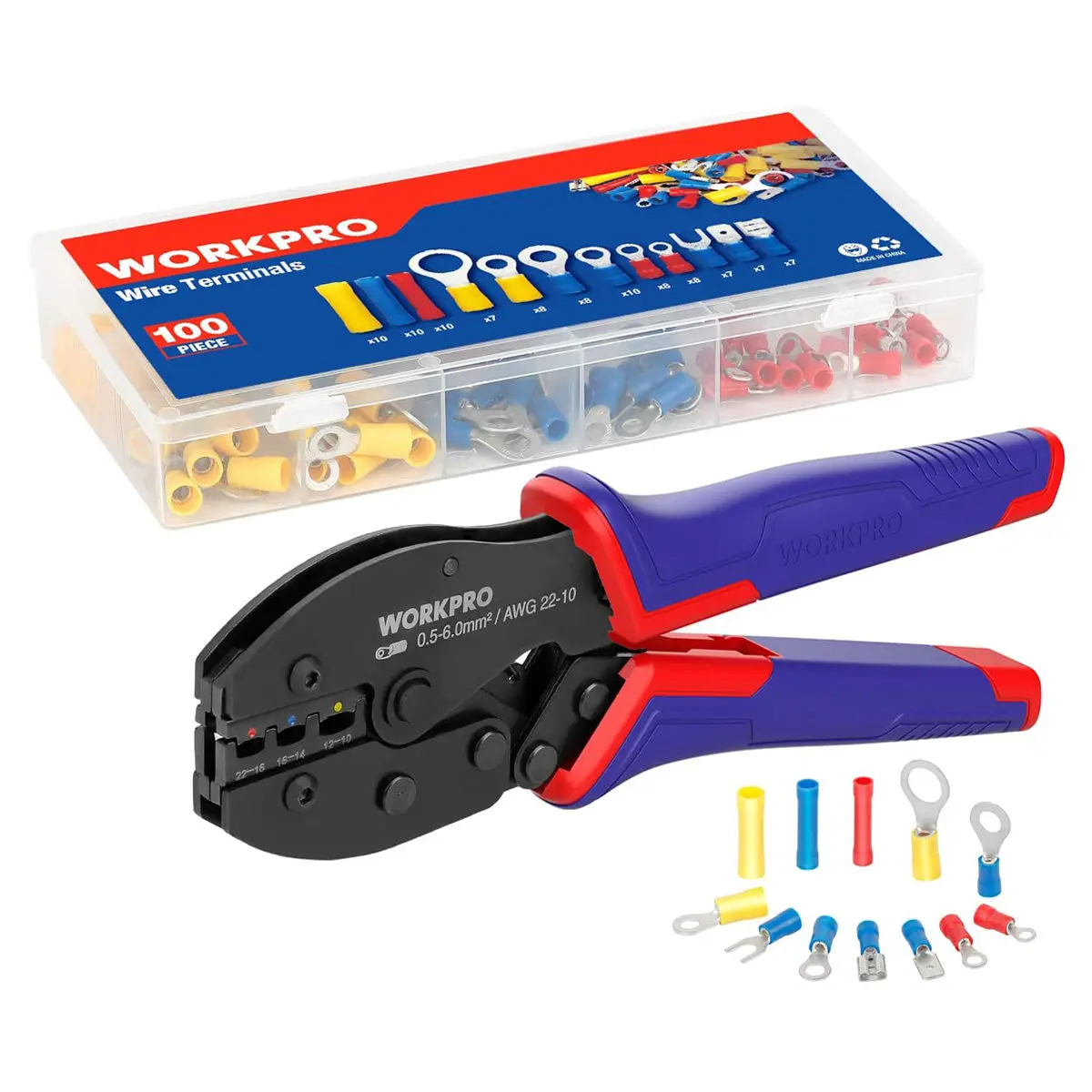 #fathersdaygift WORKPRO Wire Crimping Tool Kit, Ratcheting Insulated Terminal Crimper for 22 to 10 AWG Wire, Crimping Pliers with 100 Pieces Terminal Connectors