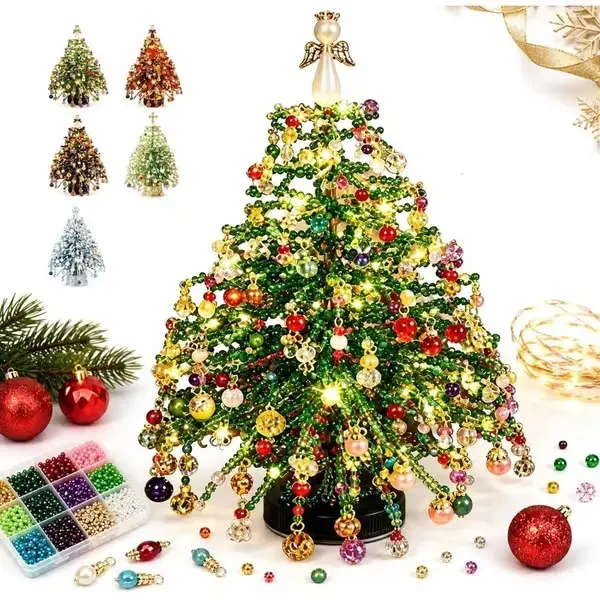 DIY Beaded Christmas Tree Kit for Adults, Crystal Holiday Craft Set with Colorful Beads, Ornament Charms, Metal Frame & Angel Topper, Lighted Tabletop Christmas Decor and Holiday Gift