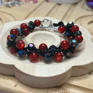 Sparkly Red and black macrame toggle clasp bracelet 7.5-8” long