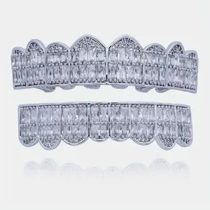 Iced-Out Luxury: 2PCS/Set 18K Golden Plated Full Ice Teeth Grillz - Dazzling Zirconia Stones Oral
