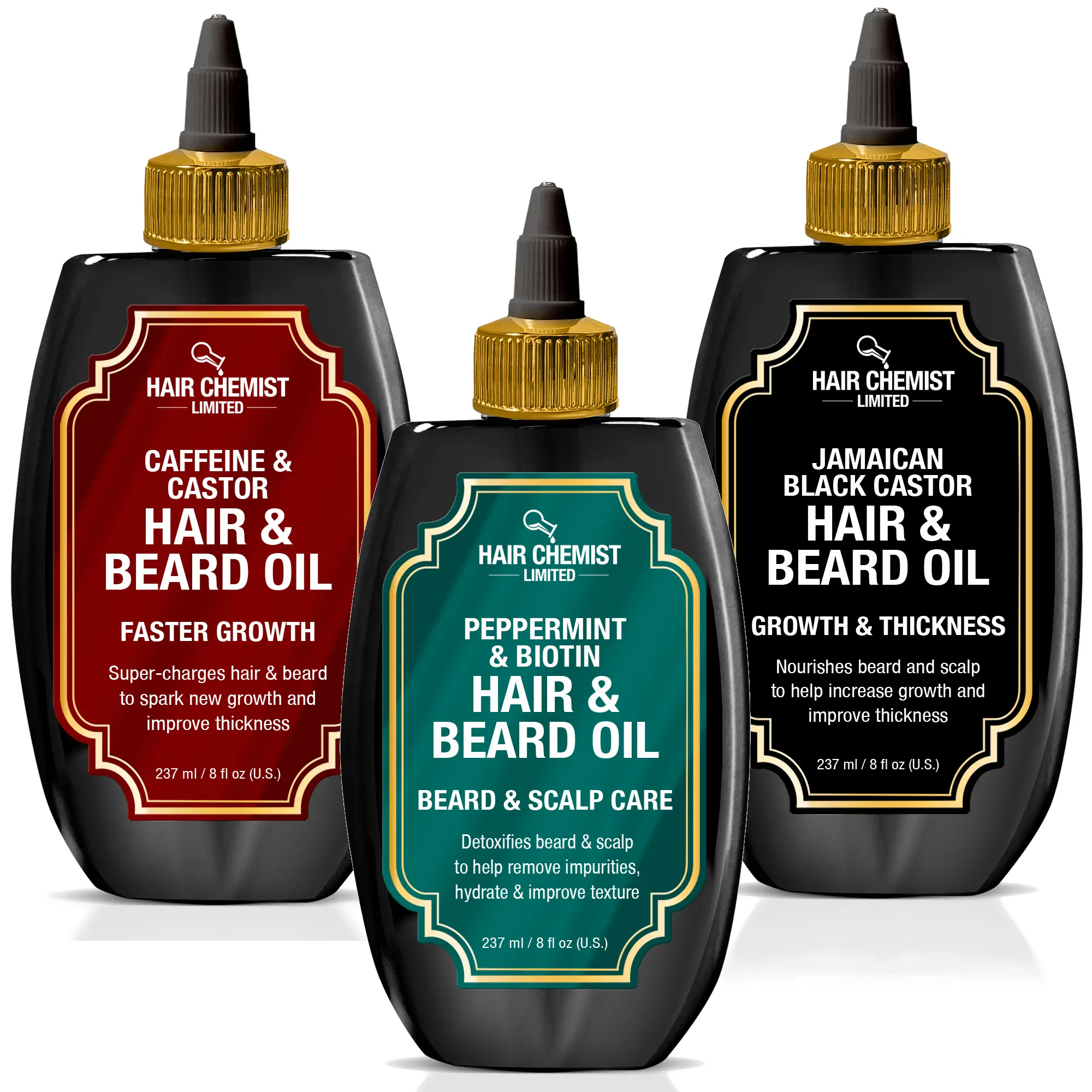 Hair Chemist Men's Hair & Beard Oil Collection 3-PC Gift Set - Caffeine & Castor, Peppermint & Biotin, Jamaican Black Castor - Faster Growth, Beard & Scalp Care