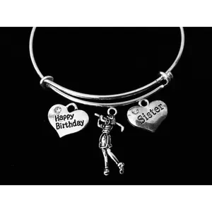 Happy Birthday Sister Golfer Adjustable Bracelet Silver Expandable Bangle Trendy Gift