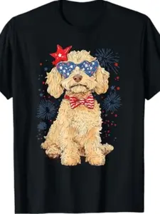 Goldendoodle Patriotic T-Shirt |   180G, Casual Crew Neck, Short Sleeve, Comfortable Fabric, Street Style, Trendy Top, All-Season Wear