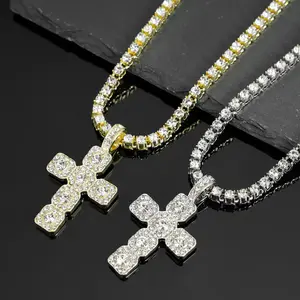 Iced Cross Pendant Tennis Chain Necklace, 4mm Rhinestone Hip Hop Jewelry for Men & Women